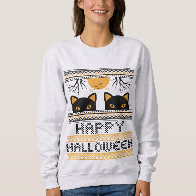 Happy Halloween Black Cats Ugly Sweater Faux Knit (Front)