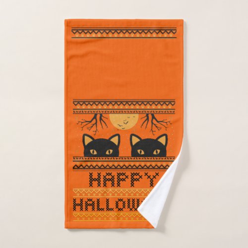 Happy Halloween Black Cats Ugly Sweater Faux Knit Hand Towel