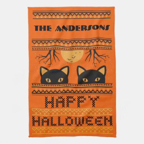 Happy Halloween Black Cats Ugly Sweater Faux Knit Kitchen Towel