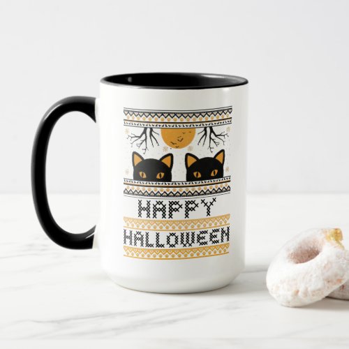 Happy Halloween Black Cats Ugly Sweater Faux Knit Mug