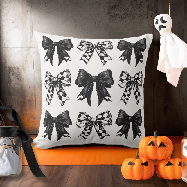 Happy Halloween Black checked bows Coquette Throw Pillow (Happy Halloween Black checked bows Coquette Throw Pillow)