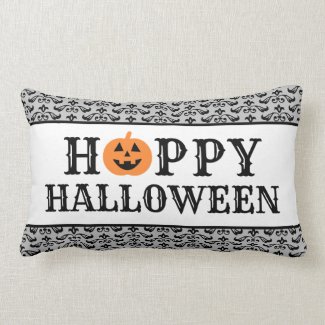 Happy Halloween Black Damask Typography Lumbar Pillow