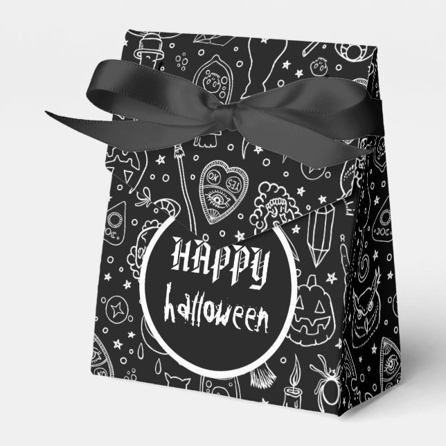 Happy Halloween Black Doodle Pattern Favor Boxes (Front Side)