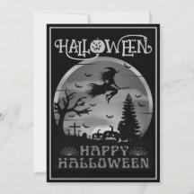Happy Halloween Black Gray Witch Broom Cemetery