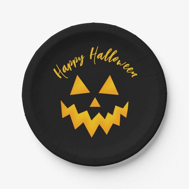 Happy Halloween Black Jack O Lantern Pumpkin Face Paper Plates (Front)