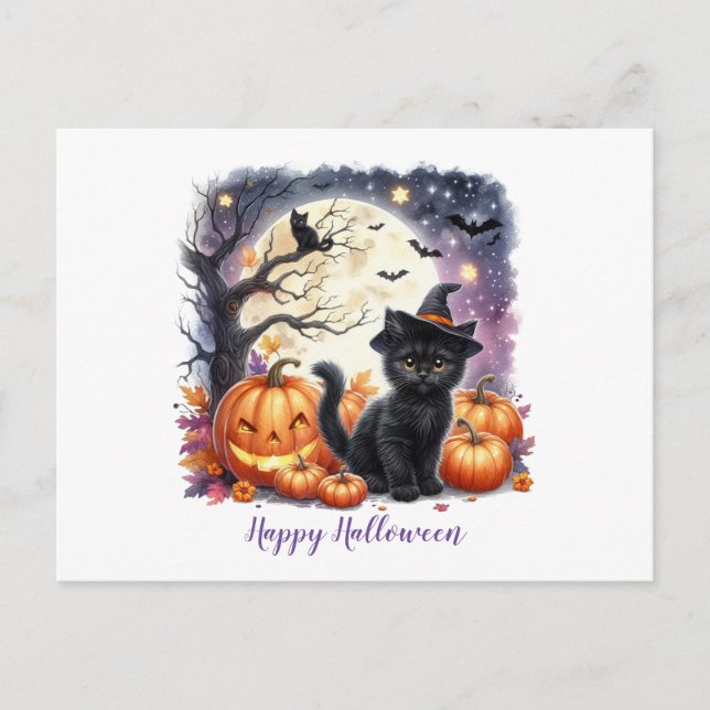 Happy Halloween Black Kitten  Holiday Postcard (Front)