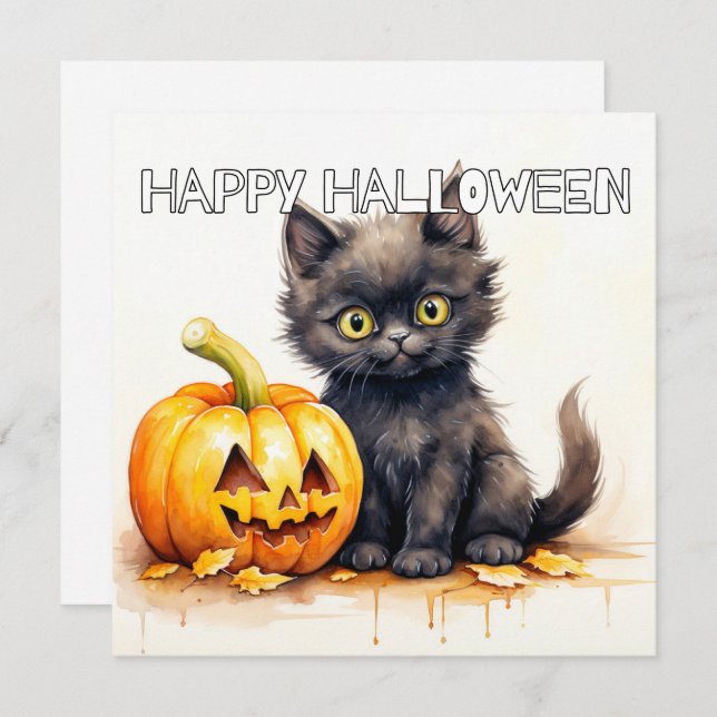 Happy Halloween Black Kitty Cat Card (Front/Back)