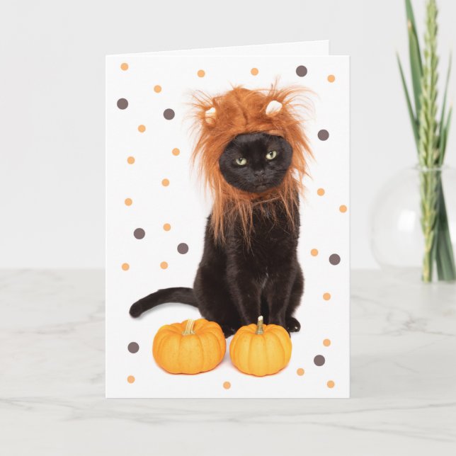 Happy Halloween Black Kitty Cat in Lion Costume Holiday Card (Front)