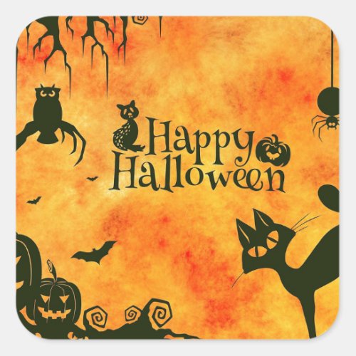 Happy Halloween Black Kitty Square Sticker