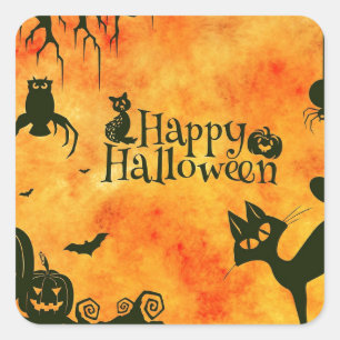 Happy Halloween Black Kitty Square Sticker