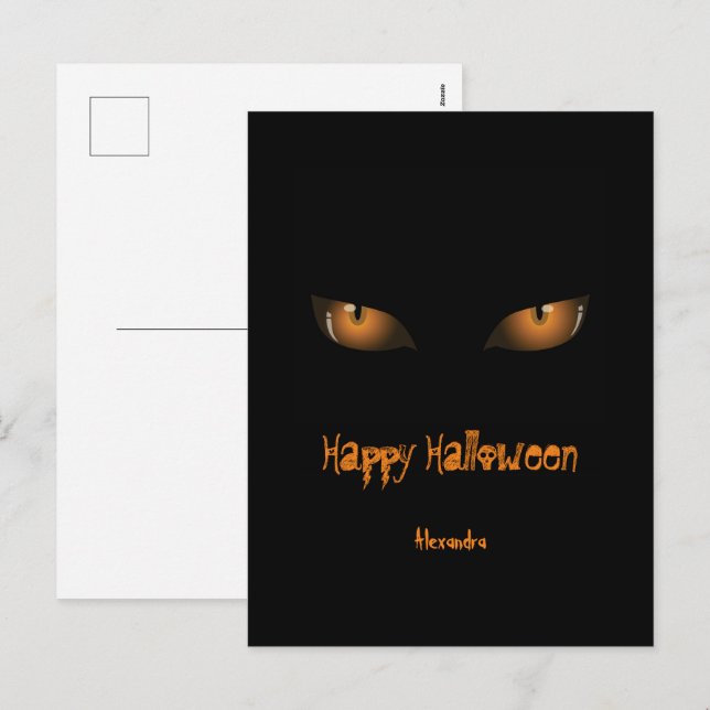 Happy Halloween | Black Orange Cat Eyes Holiday Postcard (Front/Back)