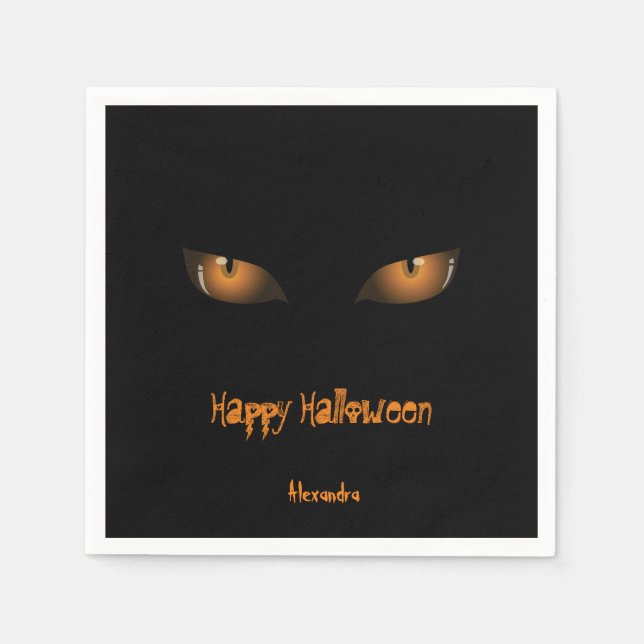 Happy Halloween | Black Orange Cat Eyes Napkins (Front)