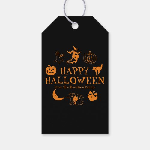 Happy Halloween black orange custom name spooky  Gift Tags