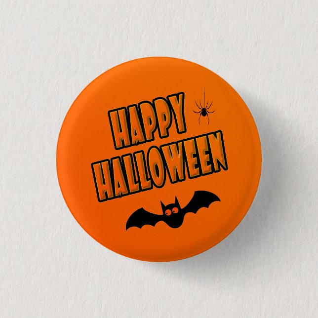 Happy Halloween, Black & Orange Cute Flying Bat - Button (Front)