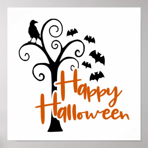 Happy Halloween Black Orange Dead Tree Bats Crow Poster