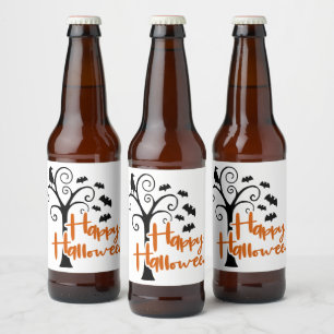 Happy Halloween Black Orange Dead Tree Evil Bats Beer Bottle Label