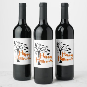 Happy Halloween Black Orange Dead Tree Scary Bats Wine Label