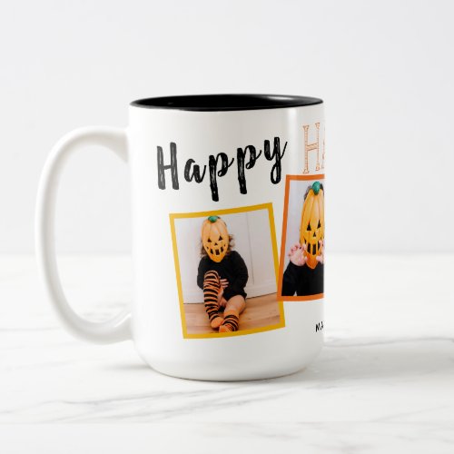 Happy Halloween Black Orange Monogrammed 4 Photo | Two-Tone Coffee Mug