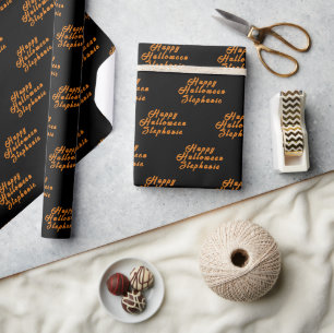 Happy Halloween Black Orange Name Modern Pattern Wrapping Paper
