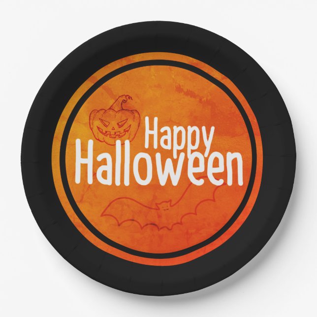 Happy Halloween Black & Orange Paper Plates (Front)