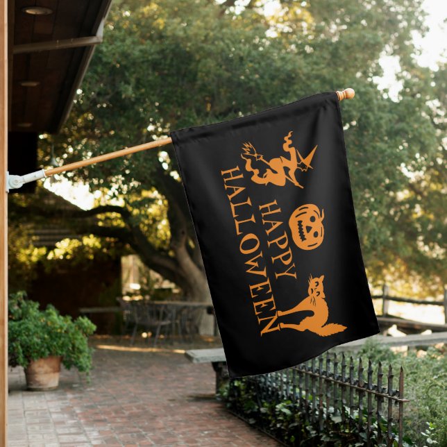 Happy Halloween black orange scary House Flag (In SItu)