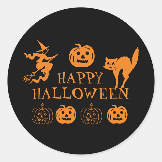 Happy Halloween black orange spooky decor Classic Round Sticker (Front)