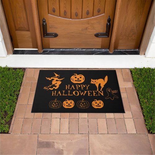 Happy Halloween black orange spooky decor  Doormat