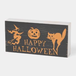 Happy Halloween black orange spooky decor Wooden Box Sign