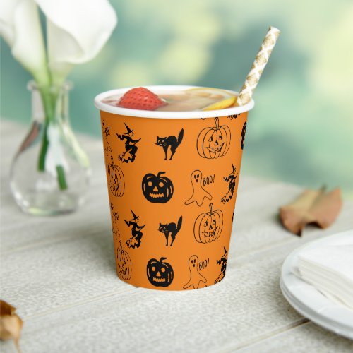 Happy Halloween black orange spooky pattern party Paper Cups