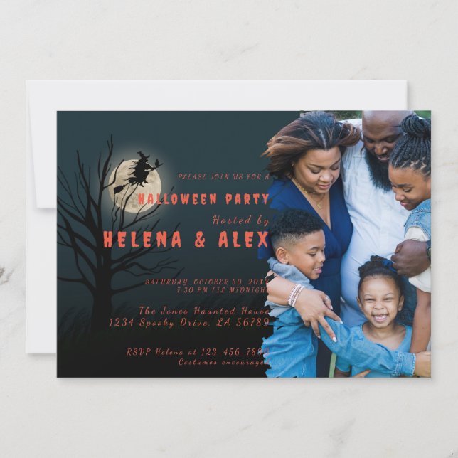 Happy halloween black orange witch family photo invitation (Front)