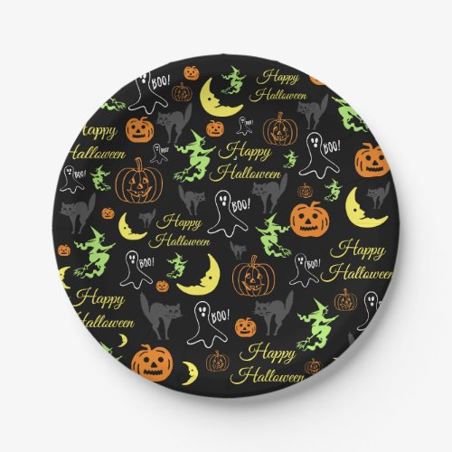 Happy Halloween Black Pattern Paper Plates