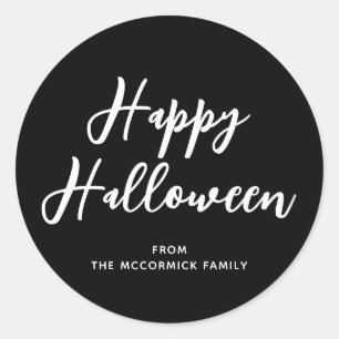 Happy Halloween Black Script Family Name Classic Round Sticker