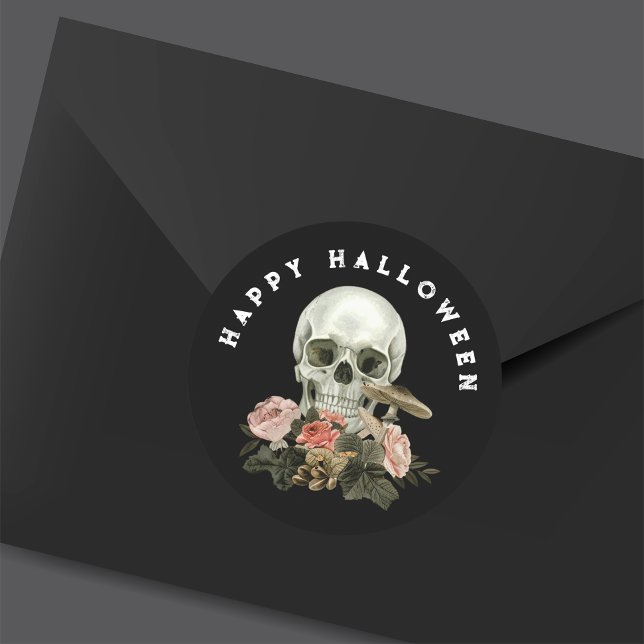 Happy Halloween Black Skull Pink Floral Classic Round Sticker (Creator Uploaded)