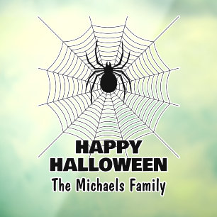 Happy Halloween Black spider on web family name Window Cling