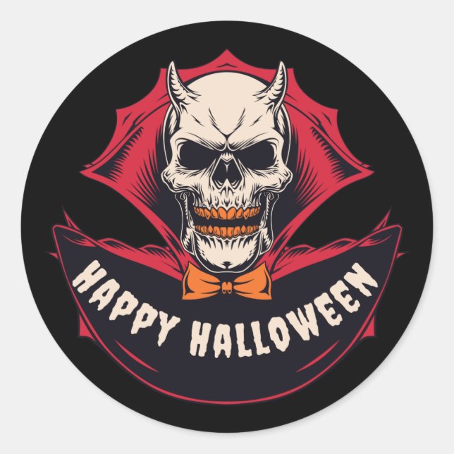 Happy Halloween Black Spooky Skull Classic Round Sticker (Front)