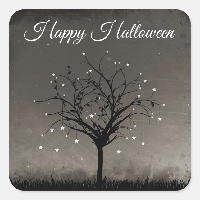 Happy Halloween Black Twinkling Star Tree Square Sticker (Front)