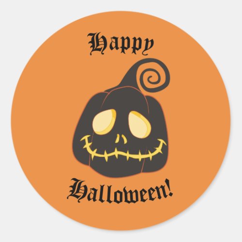 Happy Halloween Black Whimsical Pumpkin Smile Classic Round Sticker