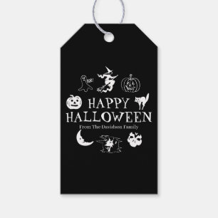 Happy Halloween black white custom name spooky  Gift Tags