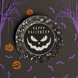 Happy Halloween Black & White Jack o Lantern Face Paper Plates