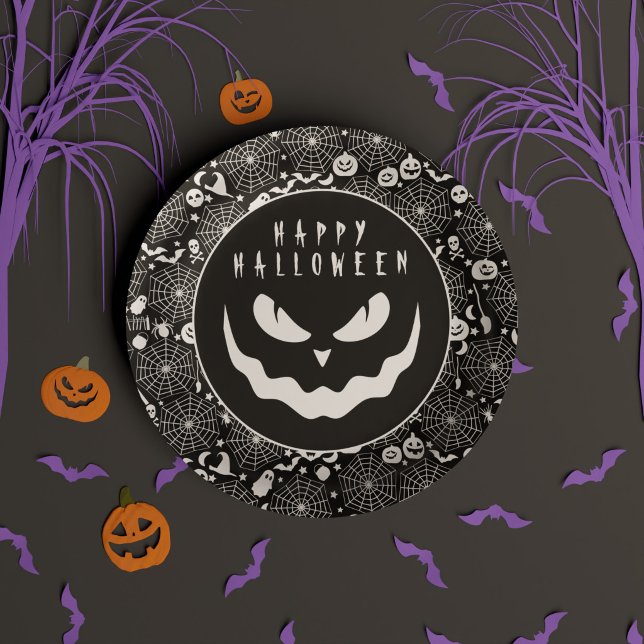 Happy Halloween Black & White Jack o Lantern Face Paper Plates (Happy Halloween Black & White Jack o Lantern Face Paper Plates)