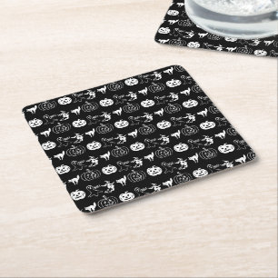 Happy Halloween black white spooky decor Square Paper Coaster