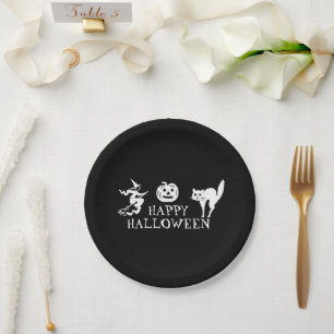 Happy Halloween black white spooky Paper Plates