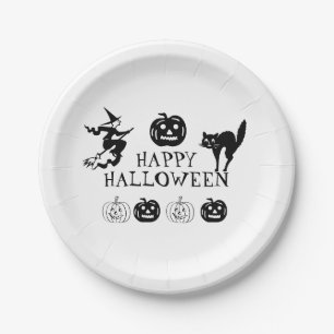 Happy Halloween black white spooky Paper Plates
