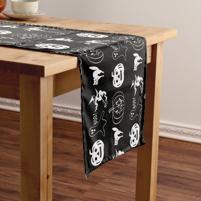 Happy Halloween black white spooky pattern Short Table Runner (In Situ)