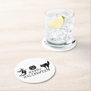 Happy Halloween black white spooky Round Paper Coaster