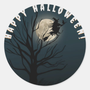 Happy halloween black white witch classic round sticker