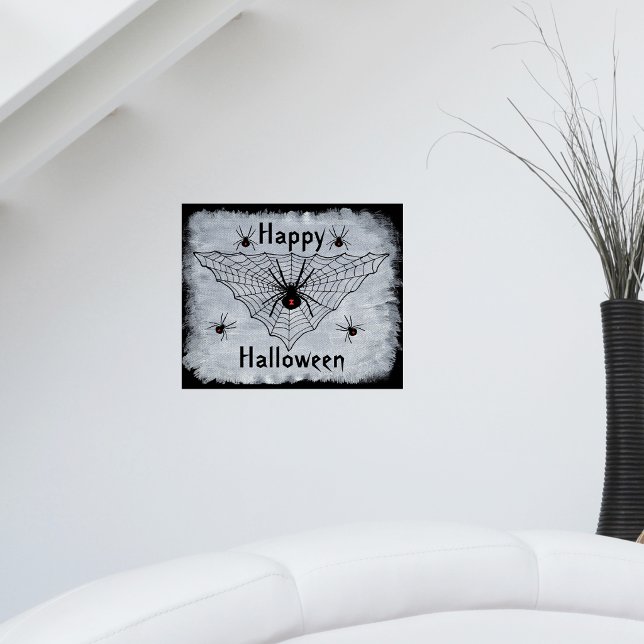 Happy Halloween Black Widow Spider Web Poster (Black widow spiders red hourglass marks spider web on Happy Halloween wall poster decoration.)