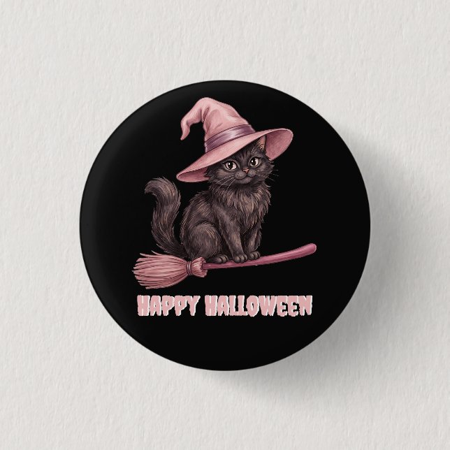Happy Halloween Black Witch Cat Button (Front)