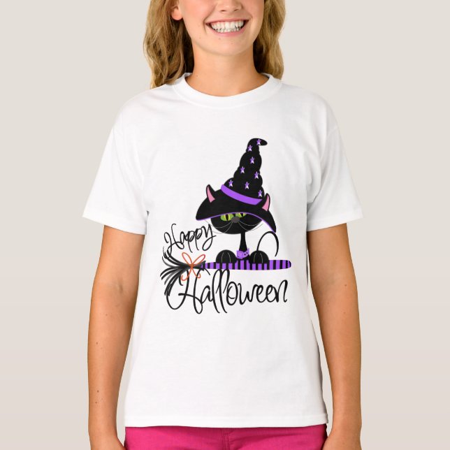 Happy Halloween Black Witch Cat Shirt (Front)