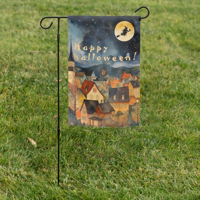 Happy halloween black witch city garden flag (In SItu)